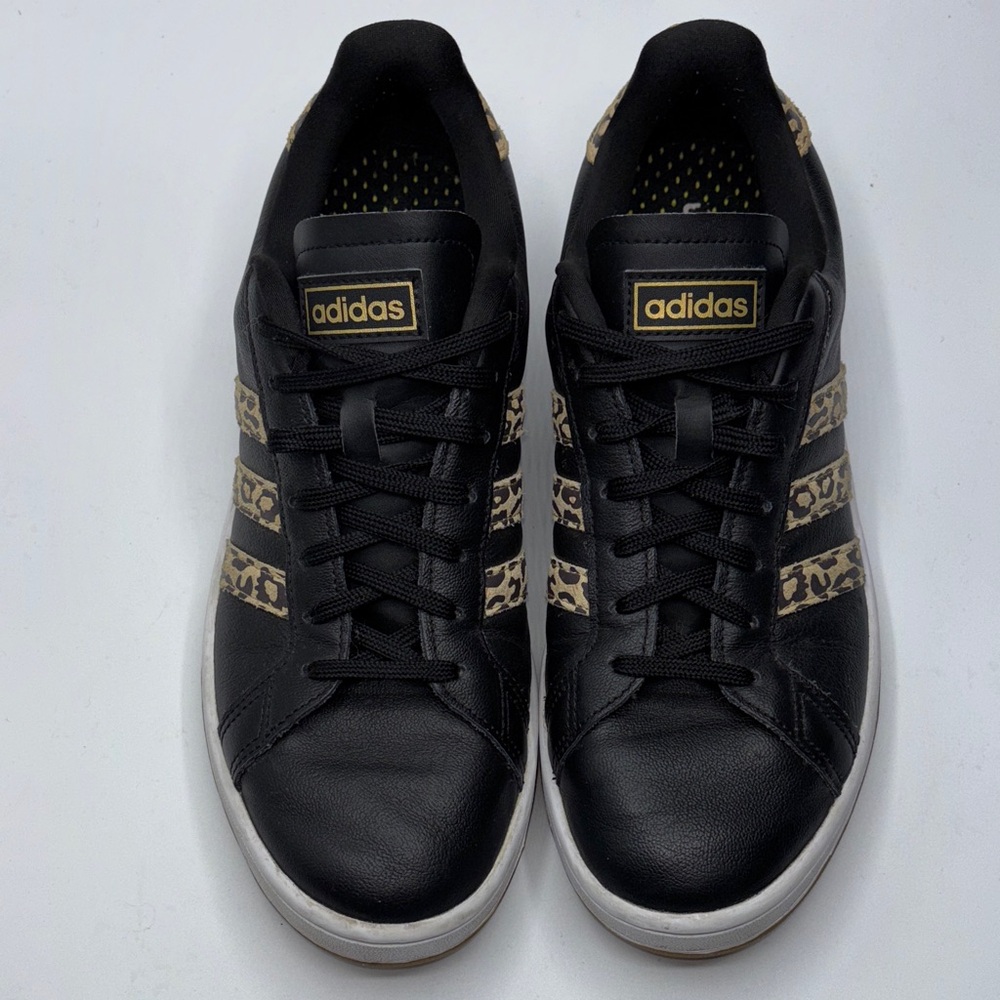 Adidas Women’s Size 11 Grand Court Black Leather Leopard Stripe Low Top Sneakers